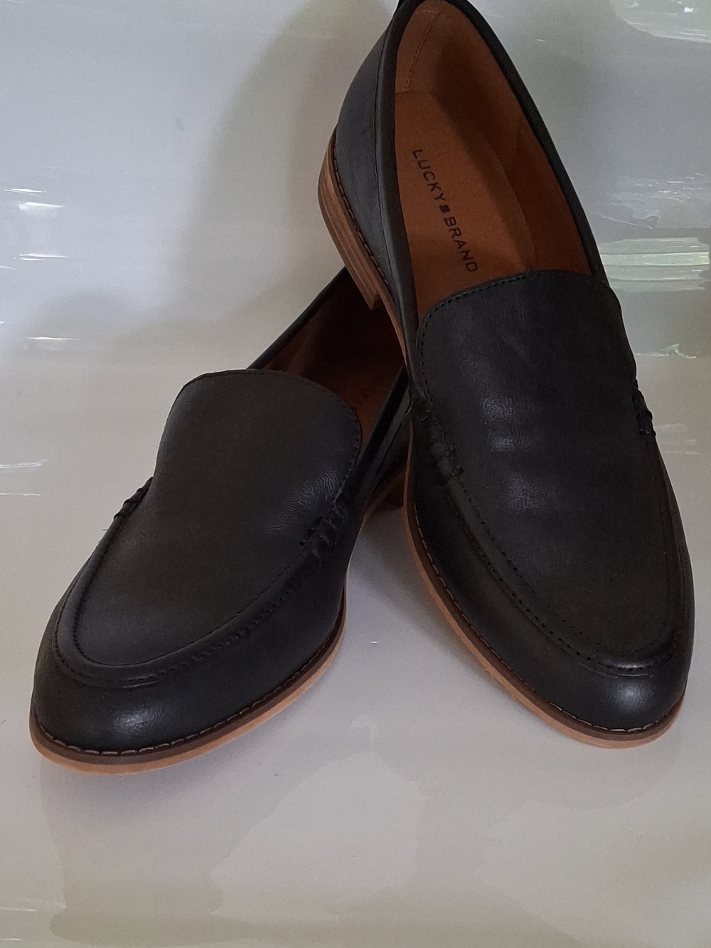 Lucky Brand Black Leather Slip-On Loafers with Tan Sole